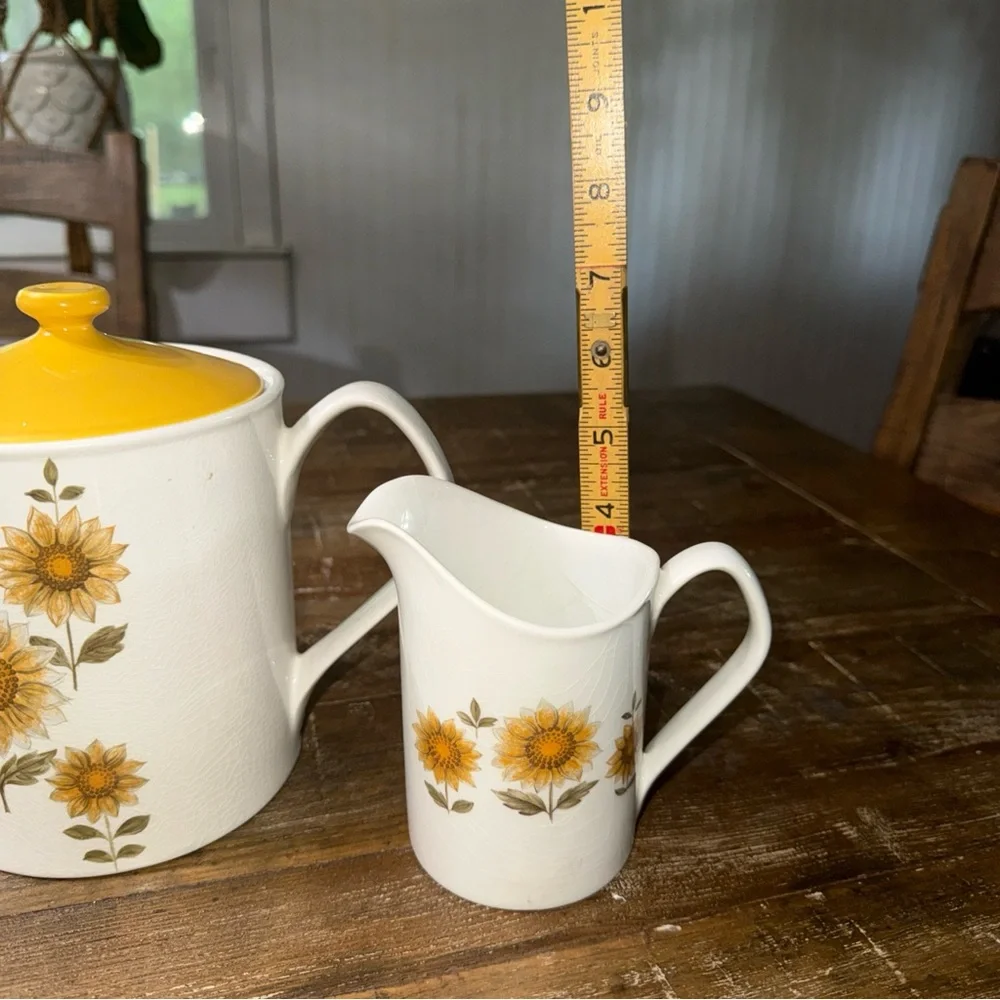 Johnson Bros. Sunflower Pattern Ironstone Teapot and Creamer- White & Yellow